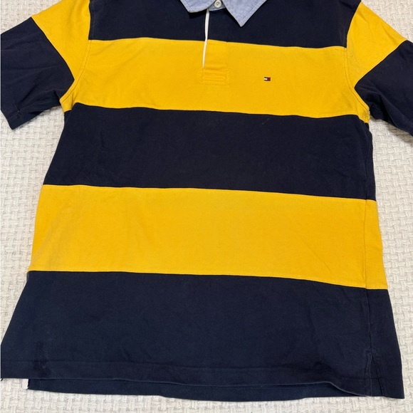 Tommy Hilfiger yellow and navy striped Y2K polo shirt, men’s large. - Picture 3 of 4